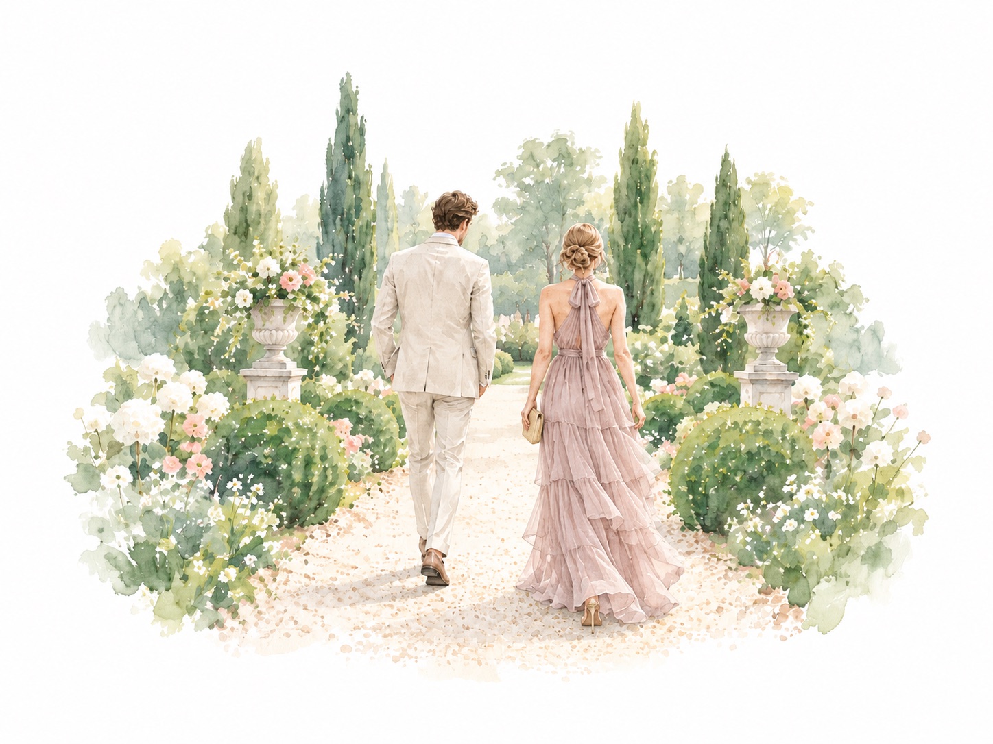Ilustración de una pareja de invitados paseando por un jardín, él con traje claro y ella con vestido largo rosa empolvado